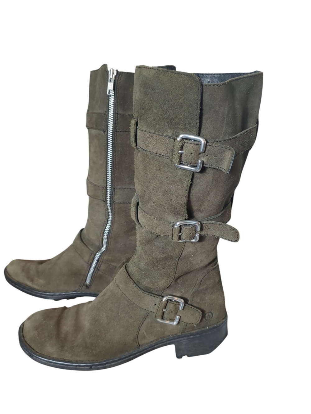 Børn Tessa Dark Olive Suede Mid-Calf Triple Buckle Moto Boots - Size 10 Utility